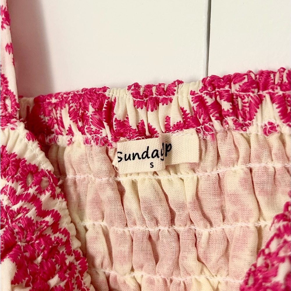 NWOT Sunday Up pink embroidered midi dress eyelet ruffle feminine cream smocked - Picture 5 of 6